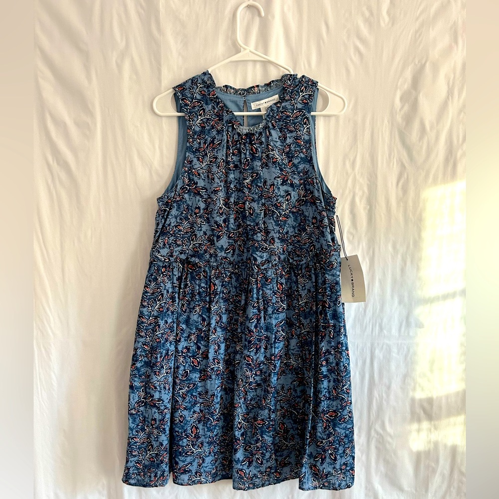 Lucky Brand Blue and Pink Floral Ruffle High Neck Sleeveless Dress Size M